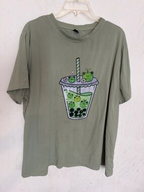 Cute Frog Boba Tea Graphic Tee 2XL Oversized Kawaii Aesthetic Green Shirt 🐸🧋